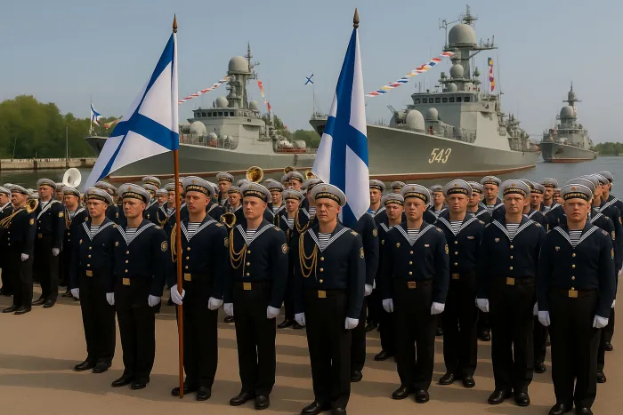 Моряки Балтийского флота в строю на пирсе, с флагами и оркестром, в фоне — боевые корабли на стоянке в порту Калининграда, лето, формат 4:3, реалистичное фото.