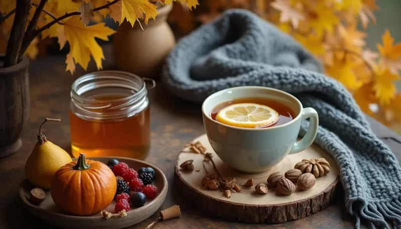 Осенний натюрморт с чаем, медом, фруктами и орехами для укрепления иммунитета.
