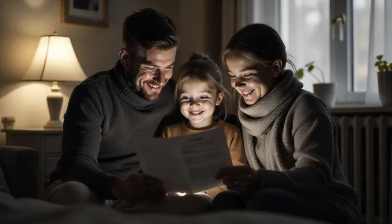 Семья из трех человек вместе смотрят коммунальные расходы