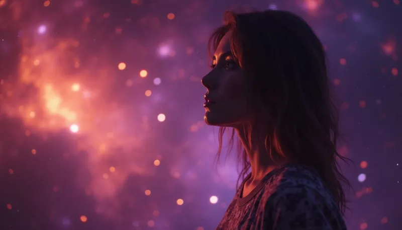 A 25 year old woman , with a purple and orange nebula space background