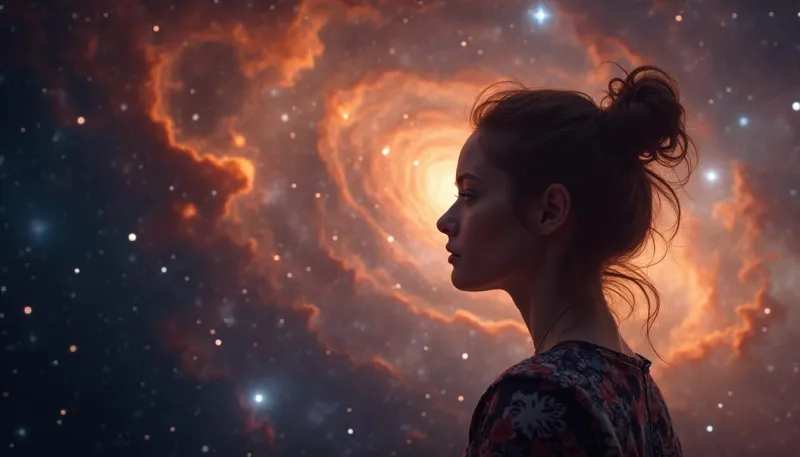 A 25 year old woman , with A vibrant space sky photo taken by the Hubble Space Telescope at background, showcasing the Carina Nebula with swirling clouds of interstellar gas and dust, illuminated by newborn stars.