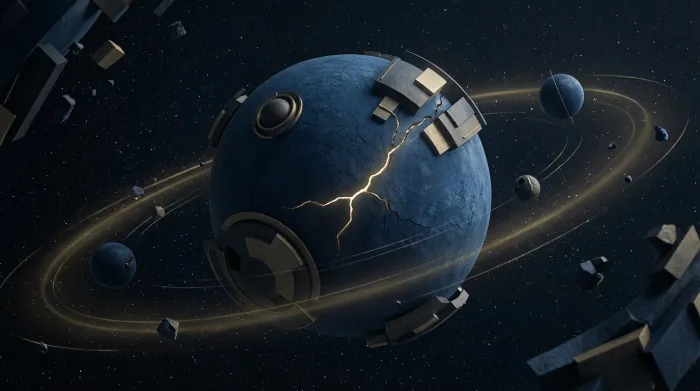 Редакционная астрологическая иллюстрация в глубоких синих, графитовых и приглушенных золотых тонах, изображающая стилизованную, расколотую планету в центре. Золотая трещина светится изнутри, символизируя напряжение и трудное начало года. Вокруг планеты вращаются золотые кольца и абстрактные космические обломки в темном, структурированном космосе, передавая ощущение давления и ответственности.