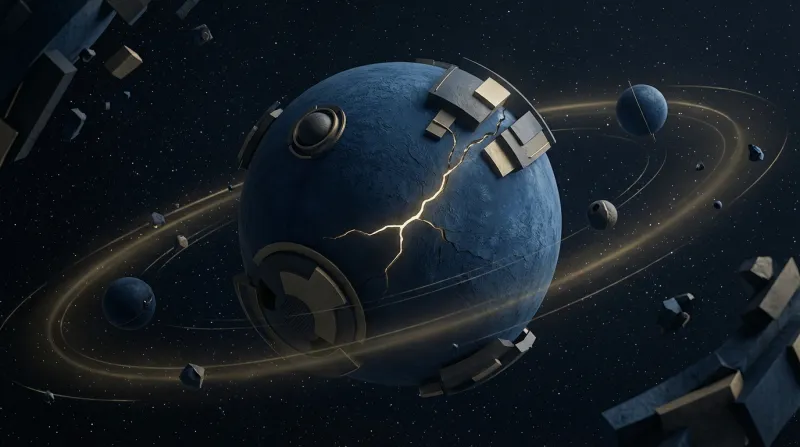 Редакционная астрологическая иллюстрация в глубоких синих, графитовых и приглушенных золотых тонах, изображающая стилизованную, расколотую планету в центре. Золотая трещина светится изнутри, символизируя напряжение и трудное начало года. Вокруг планеты вращаются золотые кольца и абстрактные космические обломки в темном, структурированном космосе, передавая ощущение давления и ответственности.