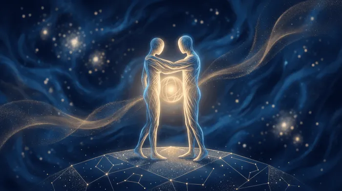 Иллюстрация: два светящихся силуэта людей в объятиях на фоне космического пейзажа с золотыми и синими тонами, стоящих на сфере с созвездиями.